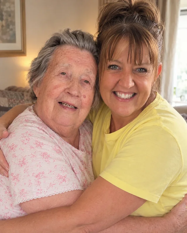 A recent Solace Keeps portrait of the same two women embracing, natural and lifelike
