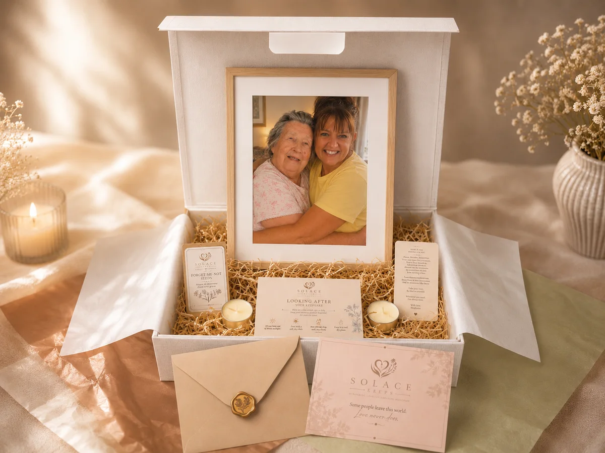 An open Solace Keeps keepsake box with a framed portrait, cards, candles and a wax-sealed envelope